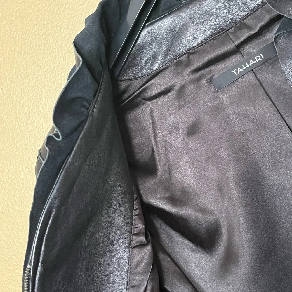TAHARI 100% Genuine Leather Jacket Blazer Zipper Front Black XS Women - Picture 9 of 14